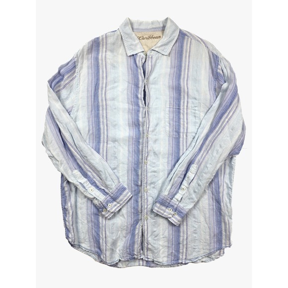 Carribean Other - Caribbean Blue White Striped Button Up L/Sleeve Resort Linen Shirt Men's Size XL